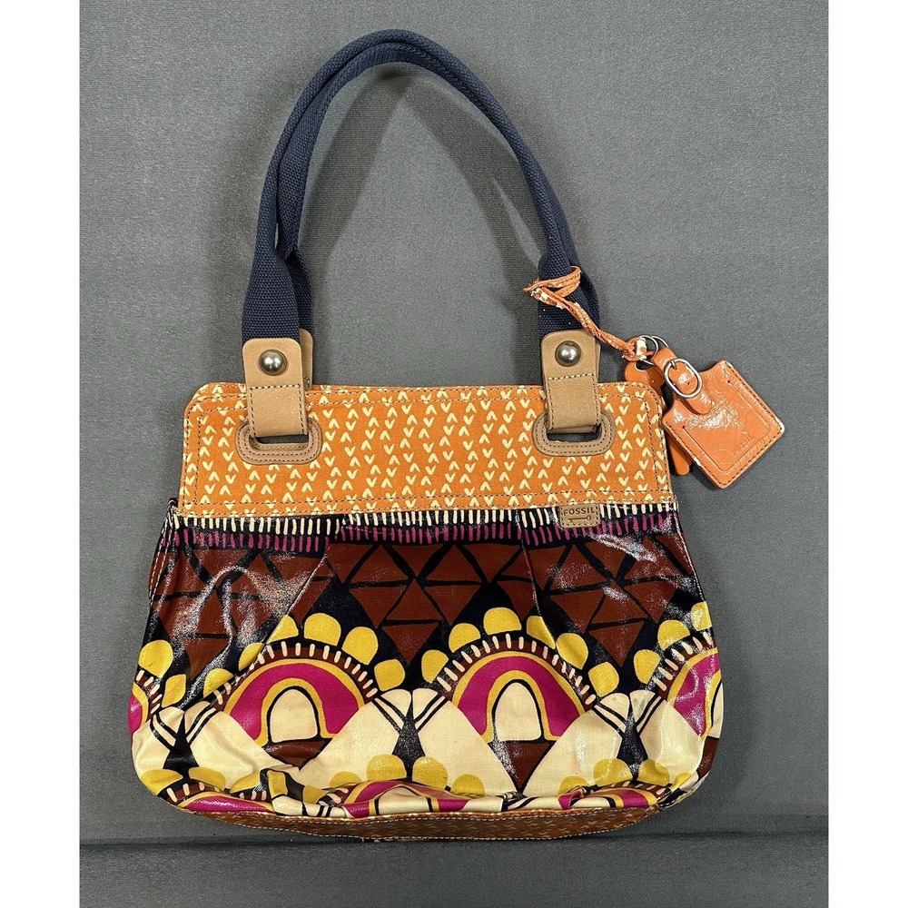 Fossil Key Per Bag Coated Canvas Shoulder Purse Tote Floral Aztec Orange Brown